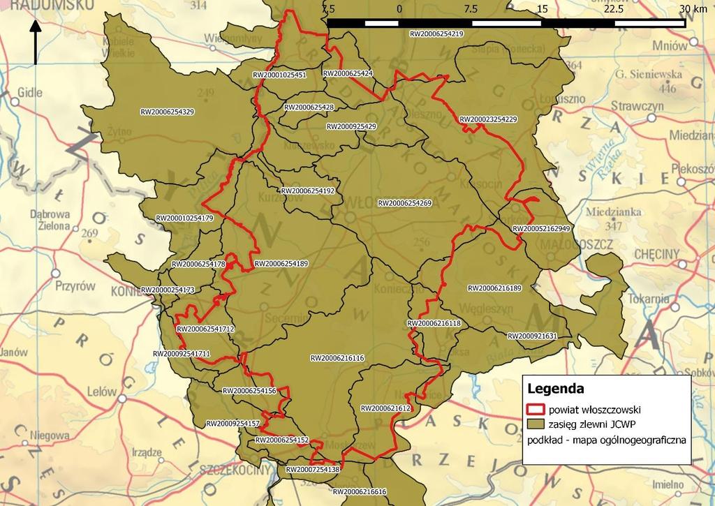 włoszczowskiego znajduje się w zlewniach wielu jednolitych części wód powierzchniowych (JCWP). Można wyróżnić 12 JCWP, których duża część zlewni znajduje się w granicach powiatu włoszczowskiego.