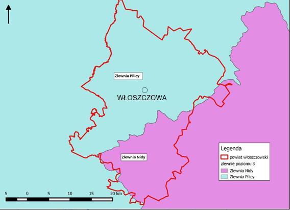 Rysunek 1. Zlewnie poziomu 3 w granicach powiatu włoszczowskiego [37].