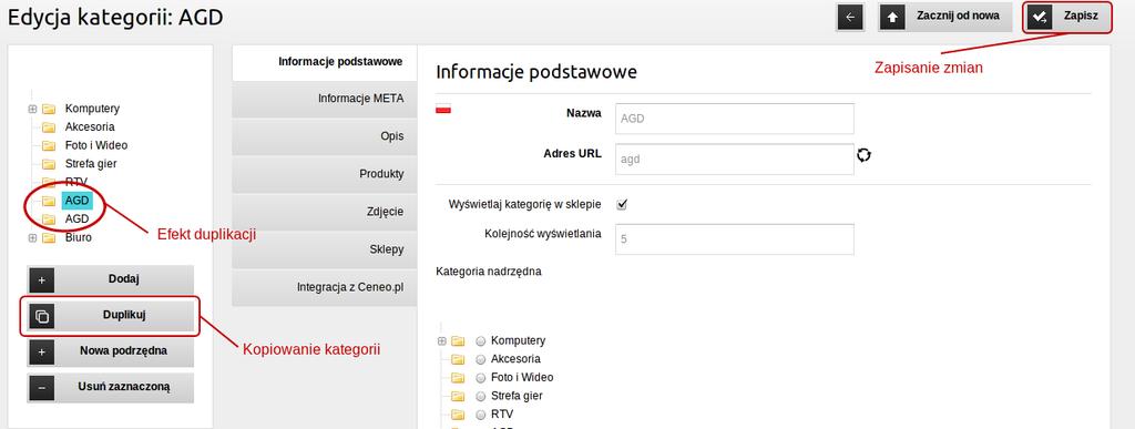 b) Duplikowanie kategorii 20 Przycisk Duplikuj (Screenshot 22.) umożliwia szybkie skopiowanie już istniejącej kategorii.