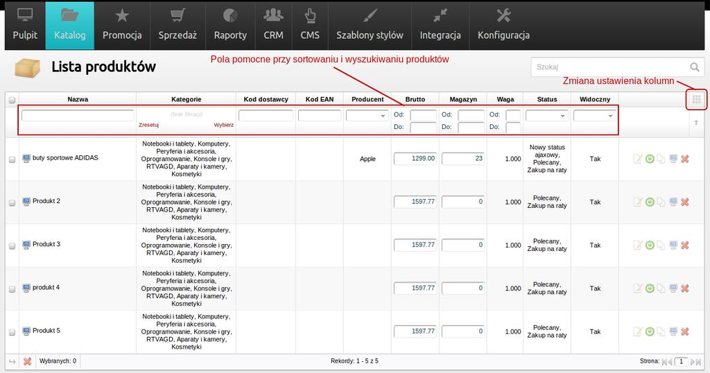 4 Screenshot 2. Wyszukiwanie i sortowanie produktów Dodawanie i edytowanie produktów Edytowanie produktu.