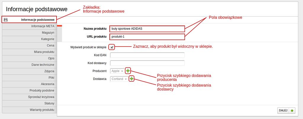 6 Screenshot 6. Dodawanie produktu zakładka Informacje podstawowe. b) Informacje META (Screenshot 7.