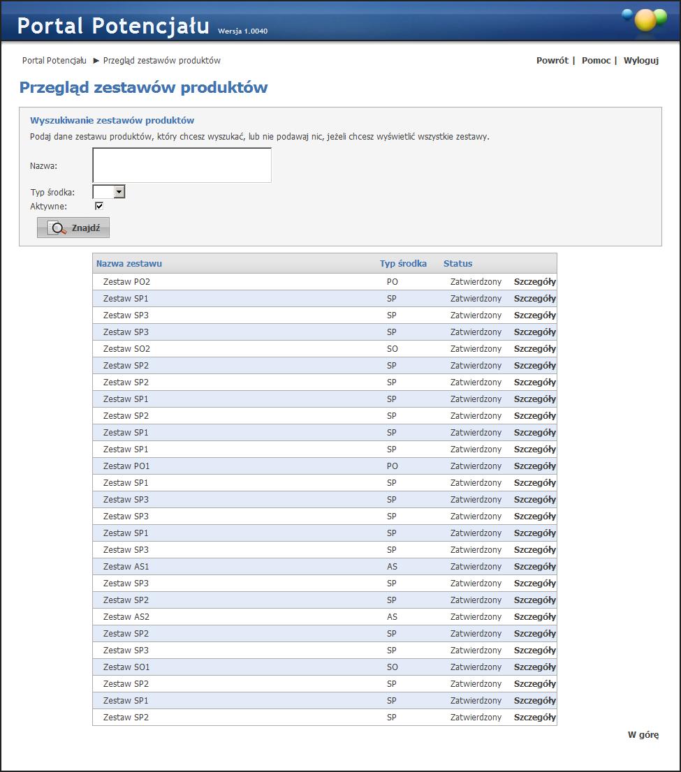 54 9 Zestawy produktów handlowych Strona Zestawy produktów handlowych - umożliwia przegląd i edycję zestawów produktów handlowych.