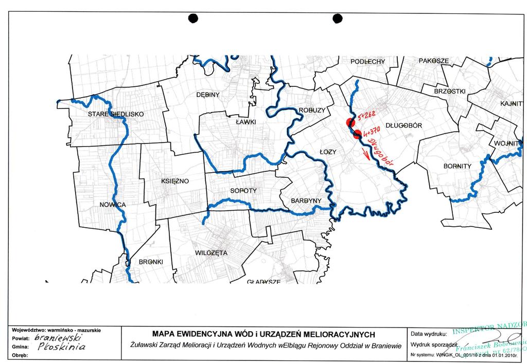 Województwo: warmińsko - mazurskie Powiat: Gmina: P^-oskltiia Obręb: MAPA EWIDENCYJNA WOD i URZĄDZEŃ MELIORACYJNYCH Żuławski Zarząd Melioracji i