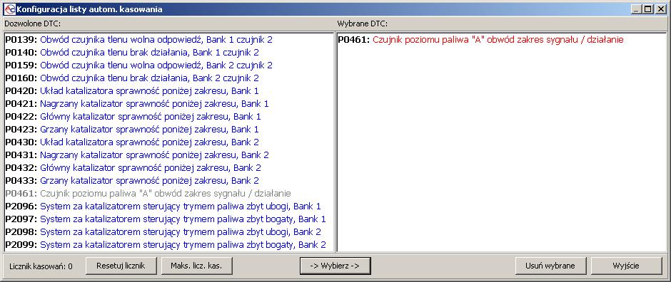 Przycisk Lista automatycznego kasowania pozwala na skonfigurowanie i uaktywnienie automatycznego kasowania błędów OBD2/EOBD. Okno konfiguracji podzielone jest na dwa panele.