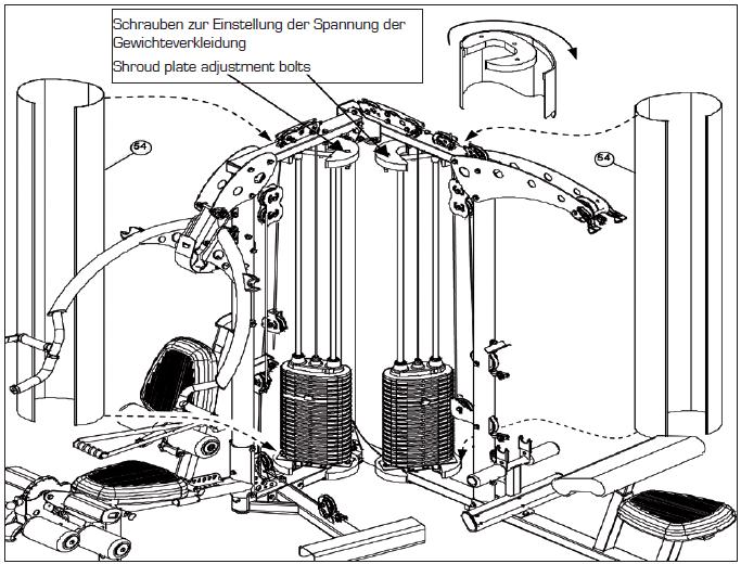 Krok 18 Tłumaczenie opisu na rysunku: Schrauben zur Einstellung der Spannung der Gewichteverkleidung - Śruby do ustawienia naprężenia osłony stosu.