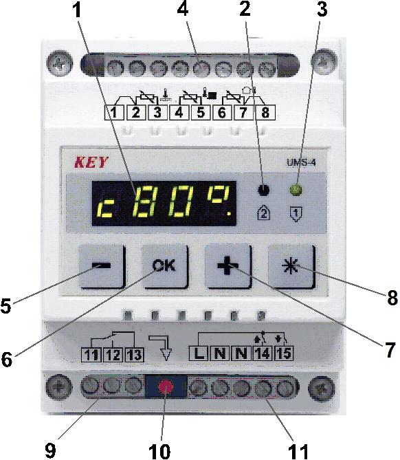 7 Przycisk (+) wyboru i zmiany parametrów. 8 Przycisk (*). 9 Złącze sterujące kotłem lub pompą CO. 10 Kontrolka załączenia wyjścia sterowania kotłem lub pompą CO.
