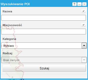 1.1. Wyszukiwanie Punktów użyteczności publicznej 1. Moduł "Mapa mieszkańca" jest włączony, użytkownik wybiera opcję "Wyszukiwanie POI" z menu Wyszukiwanie, Rysunek 3 Lista wyszukiwań 2.