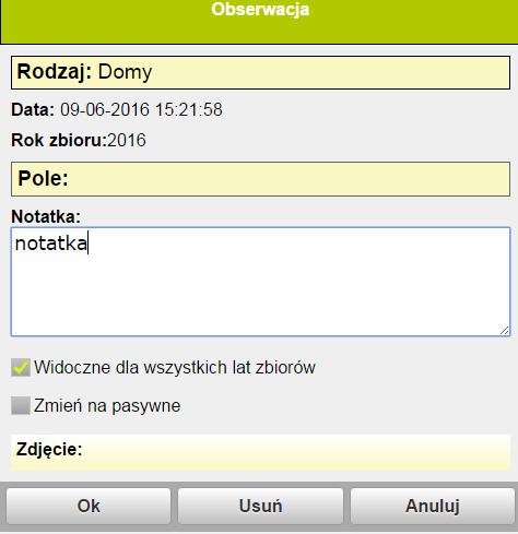 Przycisk notatek polowych Po naciśnięciu przycisku notatek polowych otwiera się okno z możliwością wyboru rodzaju obserwacji (1).
