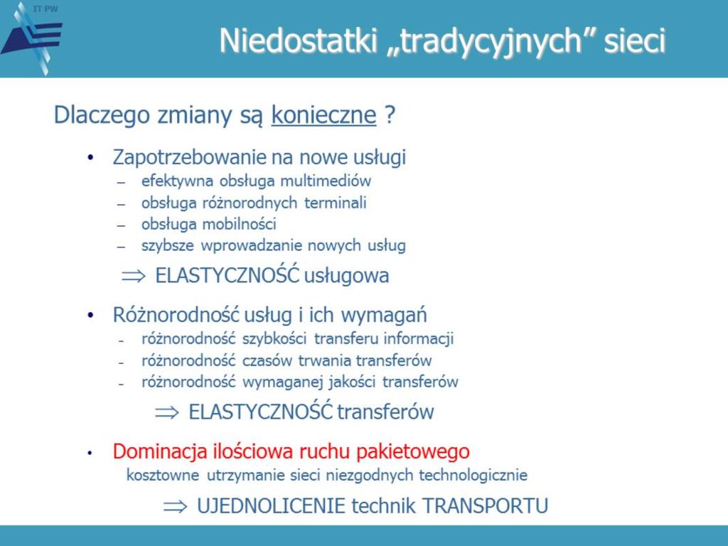 Stało się jasne, że brak wystarczającej elastyczności w zakresie dostarczania nowych usług i elastyczności realizowania różnorodnych cech transferów danych nie daje szans przewagi konkurencyjnej przy