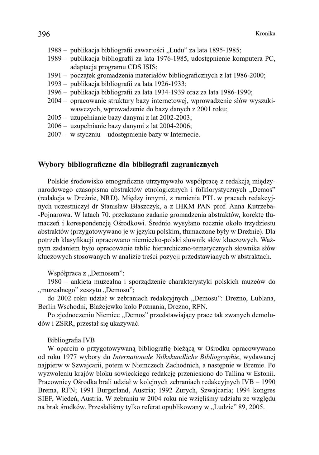 396 Kronika 1988 - publikacja bibliografii zawartości Ludu załata 1895-1985; 1989 - publikacja bibliografii za lata 1976-1985, udostępnienie komputera PC, adaptacja programu CDS ISIS; 1991 - początek