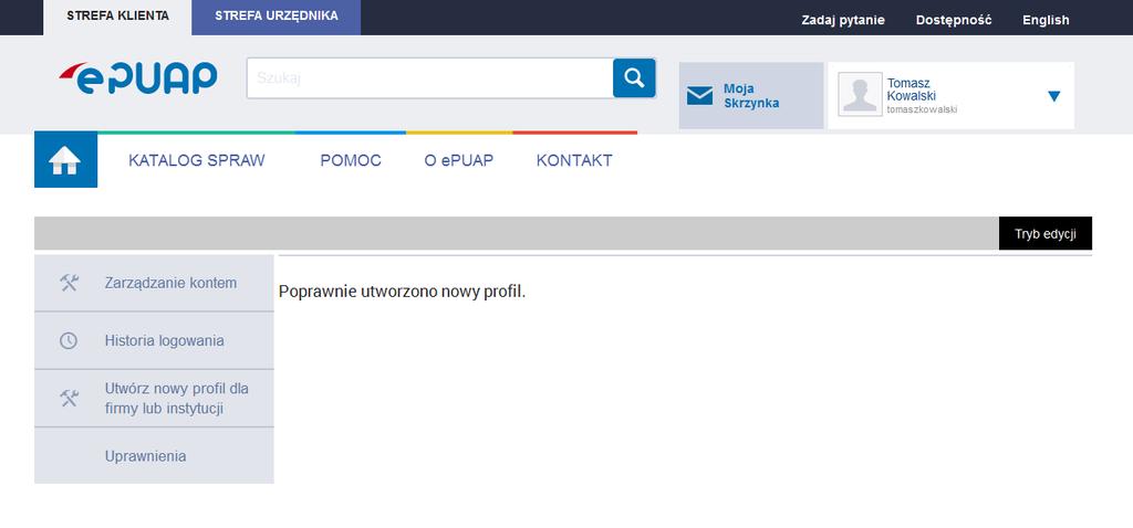 Zakładanie konta organizacji Prawidłowo założone konto organizacji pozwala na przesyłanie wniosku, np.