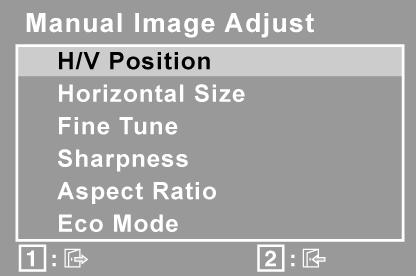 Element Objaśnienie Manual Image Adjust (ręczna regulacja obrazu) wyświetla menu ręcznej regulacji obrazu. H./V.