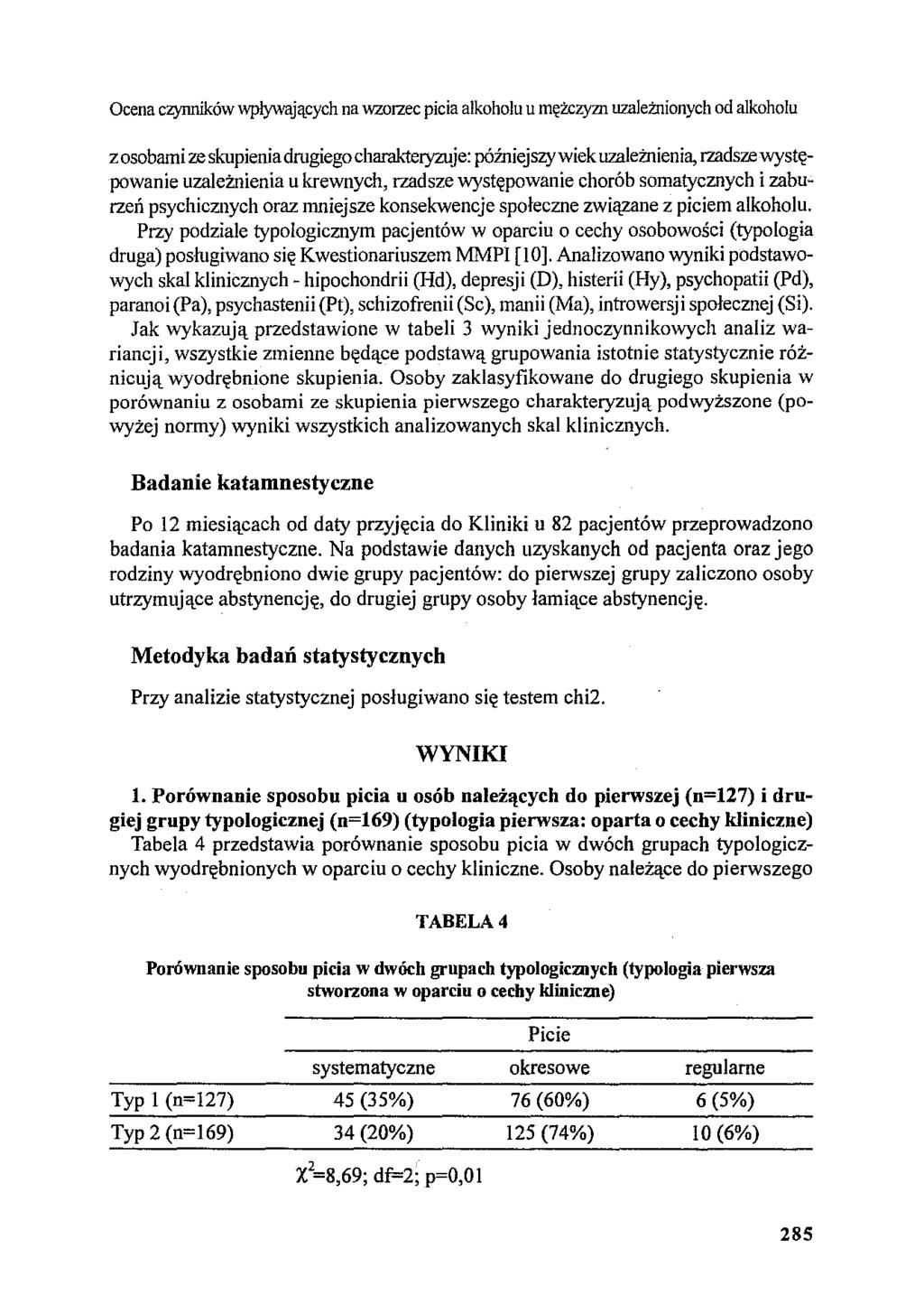 Ocena czynników wpływających na wzorzec picia alkoholu u mężczym uzależnionych od alkoholu z osobami 'ZJ?, skupienia drugiego charaktel)'zuje: późniejszy wiek uzależnienia, rzads'zj?