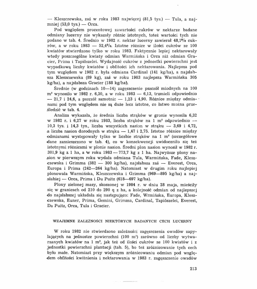- Kleszczewska, zaś w roku 1983 najwięcej (81,5 tys.) - Tula, a najmniej (53,0 tys.) - Orca. Pod względem procentowej zawartości cukrów w nektarze badane odmiany.