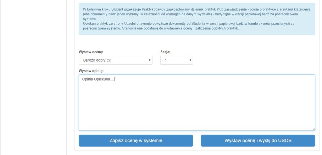 4. Kliknąć Szczegóły przy praktyce do ocenienia: W szczegółach praktyki, w dolnym polu ekranu pojawi się uzupełniony i zaakceptowany dziennik praktyk studenta oraz formularz do oceny praktyki.