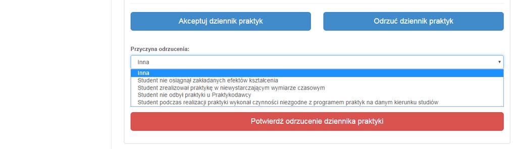 Użytkownik przechodzi do szczegółów praktyki, gdzie w dolnym widoku ekranu widoczne są poszczególne wpisy dziennika praktyk.