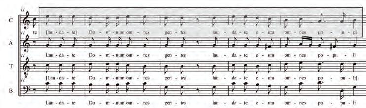 Przykład 5. Melodyka deklamacyjna w sopranie, Laudate Dominum, t. 11 15 Melodyka partii solowych jest bardzo zróżnicowana, a miejscami nawet wirtuozowska.