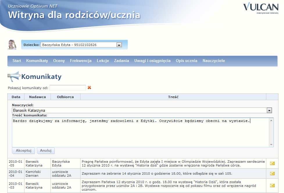 Aby dodać nowy komunikat naleŝy wcisnąć przycisk Dodaj komunikat, natomiast w przypadku wysyłania odpowiedzi na otrzymany komunikat