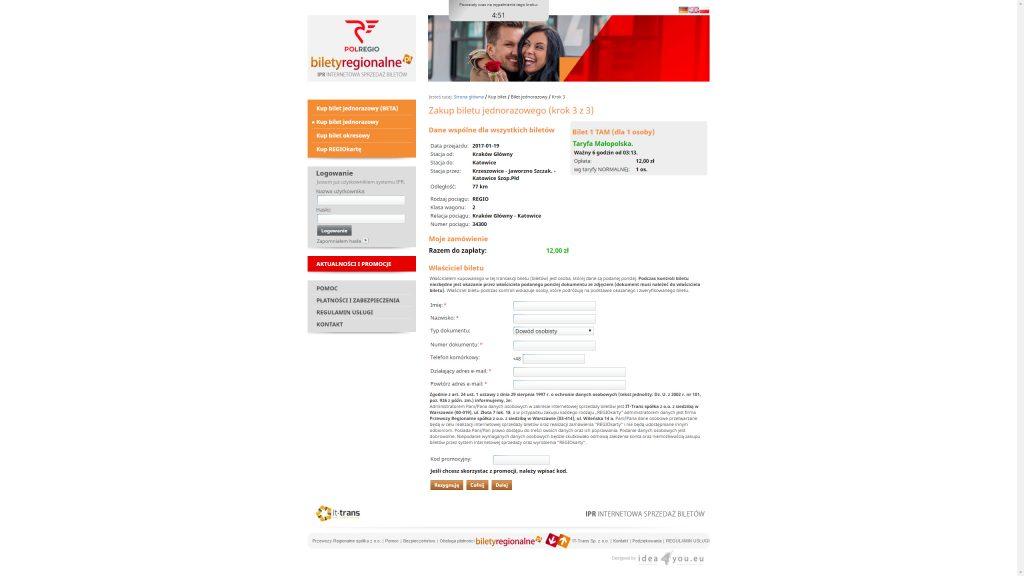 Teraz mamy wybór według jakiej taryfy chcemy jechać (taki wybór pojawia się przy niektórych połączeniach) Wybrałem tańsze połączenie, które pozwala mi na przejazd za 12 zł w ciągu 6h i znów mamy pięć
