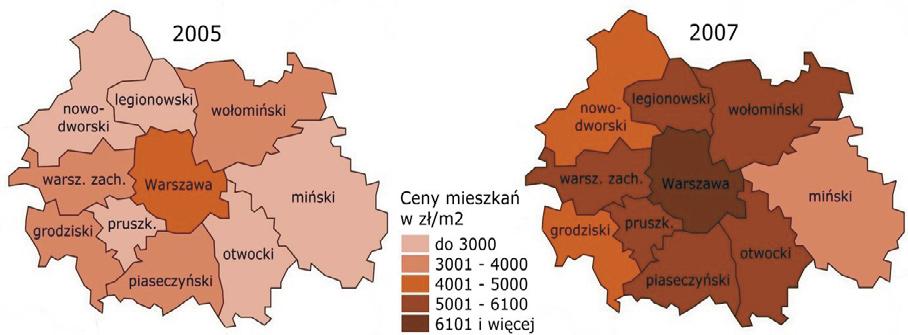 RYSUNEK 2. Zmiany cen gruntów rolnych w aglomeracji warszawskiej w latach 2005 i 2007. 2 Źródło: opracowanie własne na podstawie danych Centrum AMRON. PRZYPISY 1. Ziobrowski Z.