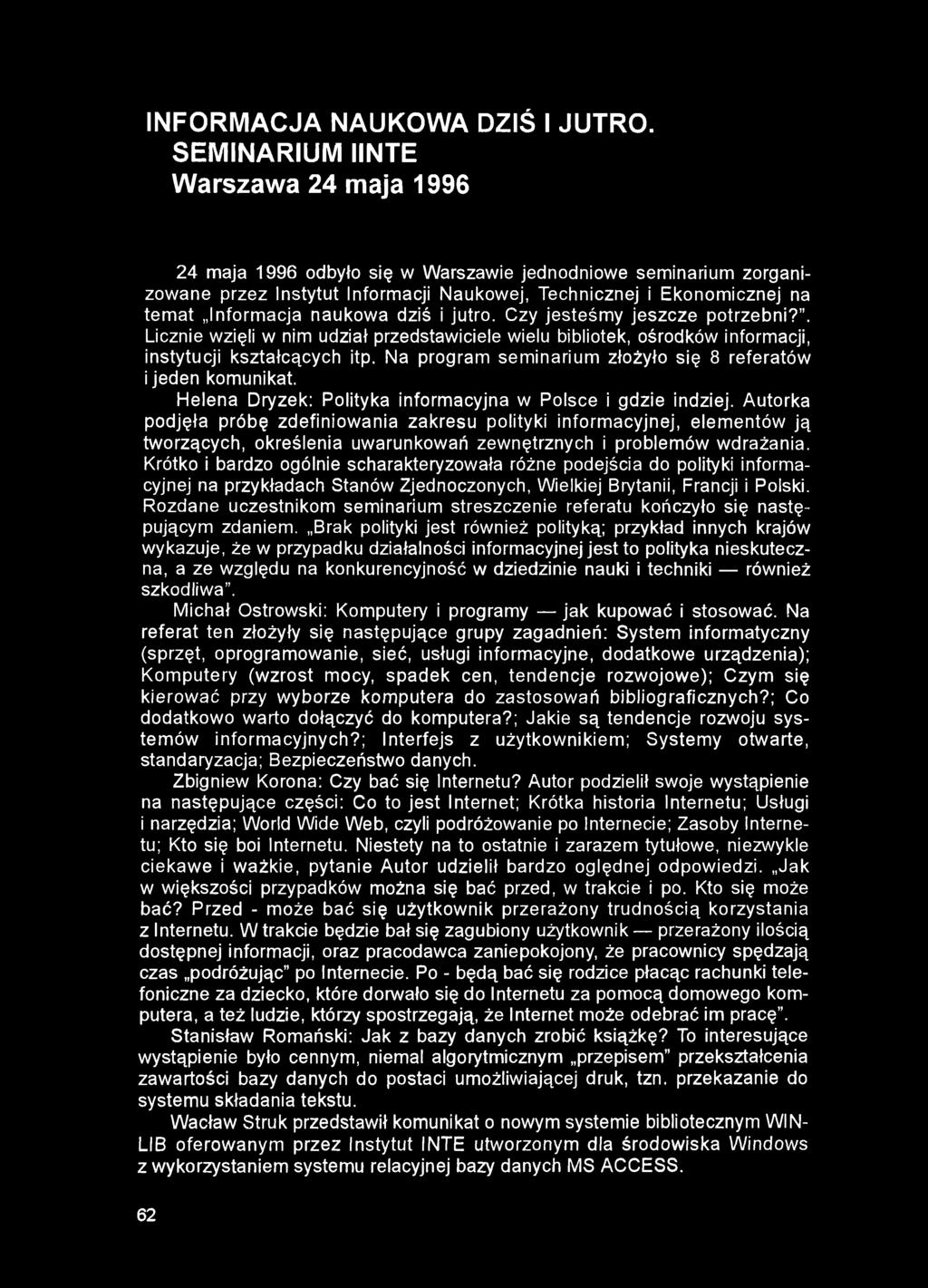 INFORMACJA NAUKOWA DZIŚ I JUTRO.