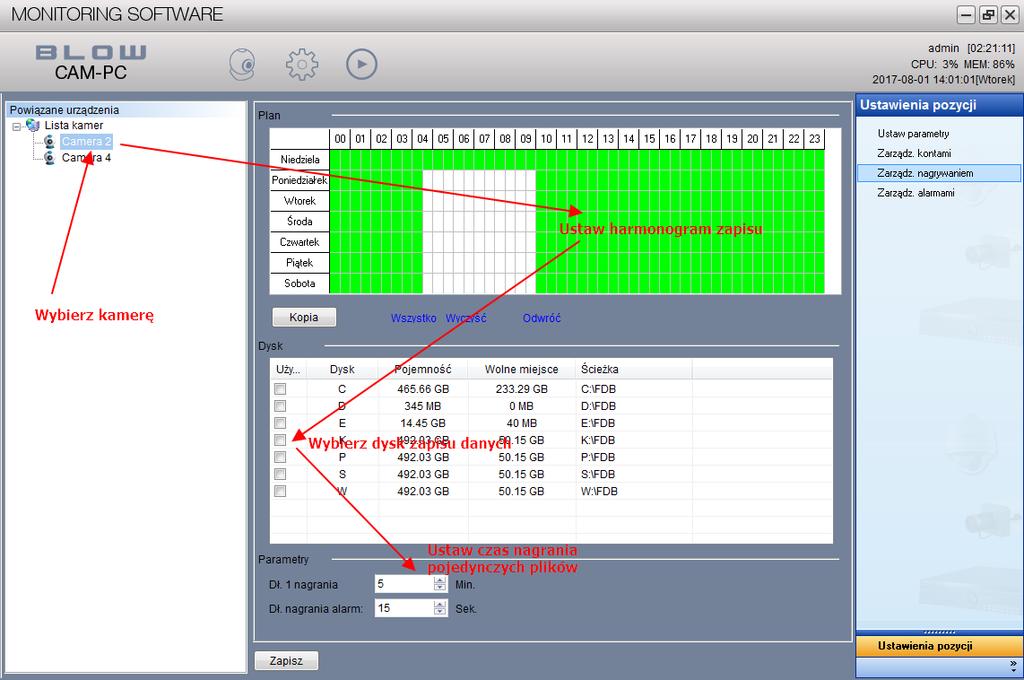 7.3 Konfiguracja nagrywania Wybierz urządzenie, które ma być ustawione w drzewie urządzeń, następnie ustaw okres, który ma być zapisany w planie zapisu (kolor zielony to okres nagrywania, każde pole