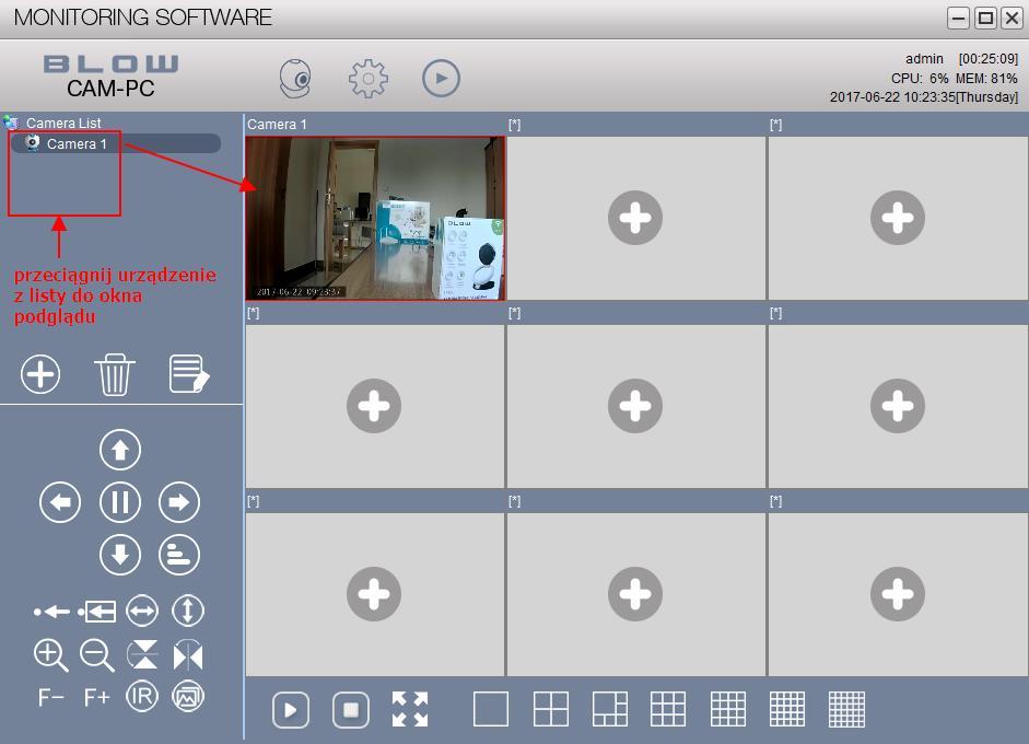 6 Podgląd na żywo Kliknij aby przejść do interfejsu Opis: 1. Otwórz kamerę: przeciągnij urządzenie z listy kamer na ekran podglądu; 2.