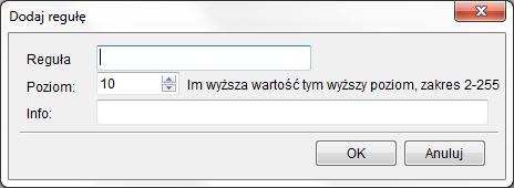 przy następnym uruchomieniu oprogramowania 7.2 Ustawienia użytkowników Opis uprawnień dla poszczególnych użytkowników, możemy dodawać, usuwać lub zmieniać konfigurację reguł 7.2.1 Reguły Dodaj: Kliknij :Dodaj następnie wyskoczy okno dodawania reguły.