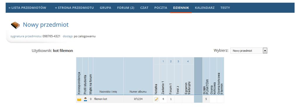 Dziennik Dziennik to narzędzie ewidencji ocen studentów. Tutaj nauczyciel może wstawiać punkty oraz zapisywać prywatne notatki na temat aktywności uczestników kursu.