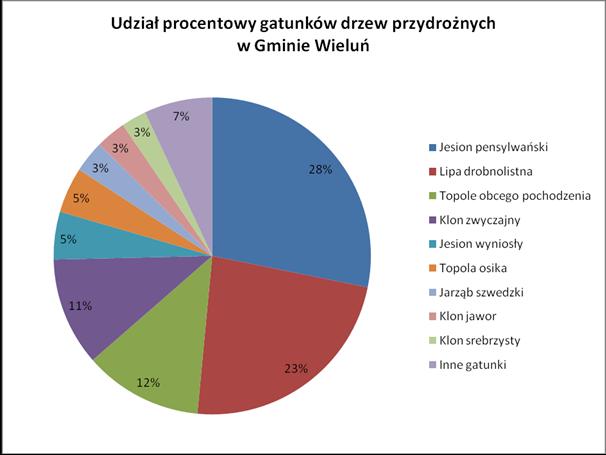 Wykres nr 1: Udział procentowy drzew przydrożnych w Gminie Wieluń 2. Stan zdrowotny Stan zdrowotny drzew na terenie gminy w połowie ich liczby jest dobry.