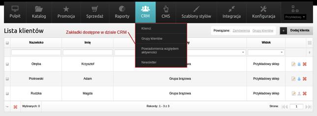 Wstęp CRM (Customer Relationship Management) jest to koncepcja marketingowa wspomagająca procedury zarządzania kontaktami z klientami. Funkcje dostępne w tym dziale (Screenshot 1.