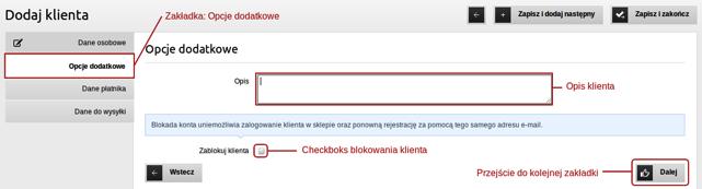 Dodawanie klienta opcje dodatkowe. Ta zakładka służy do wprowadzenia danych kontaktowych klienta.