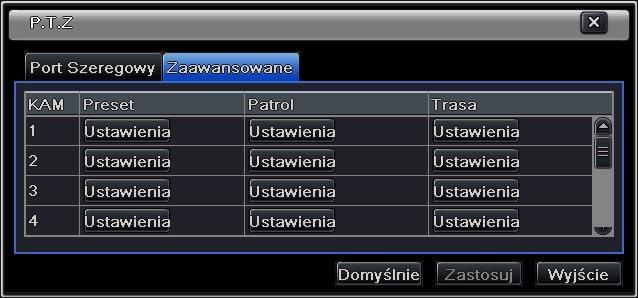 Zakładka Zaawansowane : Kliknij przycisk "Ustawienia", aby wyświetlić okno presetów, patroli i tras.