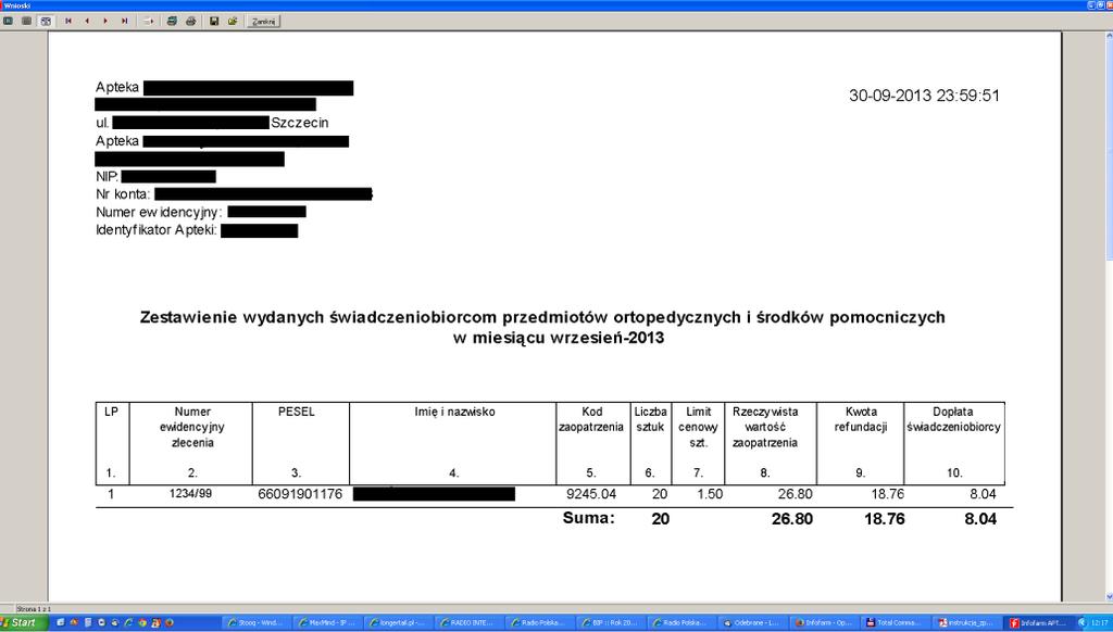 Rysunek 9-4 Zestawienie wydanych wyrobów medycznych Zestawienie pozwala na wzrokowe skontrolowanie fizycznych zleceń z danymi zarejestrowanymi w komputerze.