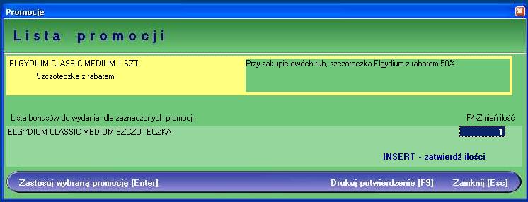 Rysunek 11-22 Komunikat o wyzwolonych promocjach Jeżeli mamy do czynienia z promocją bonusową, należy zatwierdzić bonus (po akceptacji klienta), wciskając klawisz Insert.