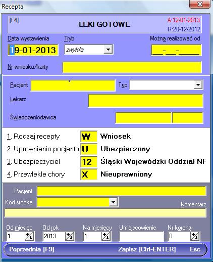 2.3 Zlecenie na wyrób medyczny Rozpatrzmy prosty przypadek pacjent jest ubezpieczony, nie ma dodatkowych uprawnień. Wydajemy jeden wyrób medyczny. Zaczynamy od wprowadzenia danych ze zlecenia.