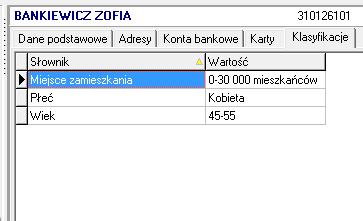 Zakładka Klasyfikacje Każdy kontrahent może być opisany dowolną ilością atrybutów, które mogą posłużyć, jako podstawa analiz lub innych funkcji z zakresu zarządzania relacjami z klientami.