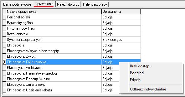 Rysunek 15-3 Uprawnienia użytkownika W dolnej części ekranu znajdziesz opis uprawnienia.