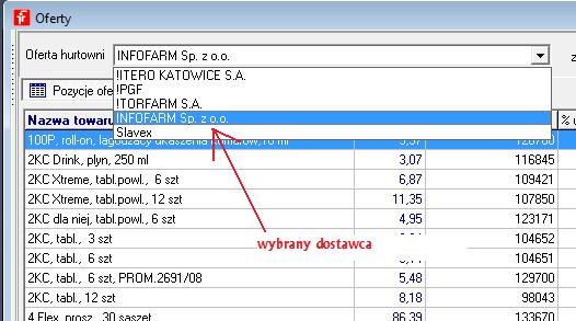 6.3.1 Pobieranie ofert Rozdział VI Zaopatrzenie Możemy pobrać ofertę dla wybranego dostawcy, lub oferty dla wszystkich dostawców. W pierwszym przypadku wskaż dostawcę (Rysunek 8-29) i wciśnij.