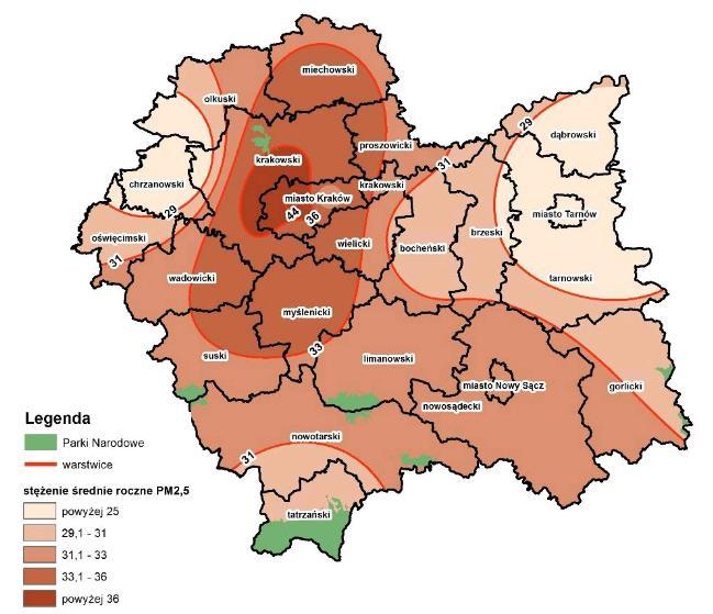 Mapa 9 Rozkład stężeń pyłu zawieszonego PM2,5 stężenia roczne na terenie województwa małopolskiego w 2014 roku Źródło: Roczna ocena jakości powietrza w województwie małopolskim w 2014 r.