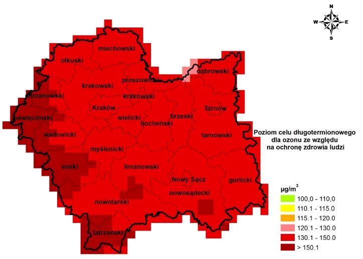 Mapa 10 Klasyfikacja stref pod względem kryterium ochrony zdrowia dla ozonu cel długoterminowy Źródło: Roczna ocena jakości powietrza w województwie małopolskim w 2014 r.
