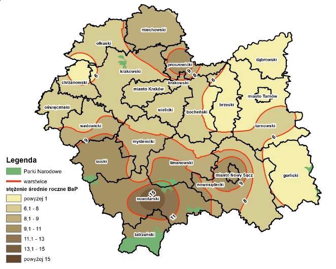 Mapa 11 Rozkład stężenia rocznego benzo(a)pirenu w pyle PM10 na terenie województwa małopolskiego w 2014 roku Źródło: Roczna ocena jakości