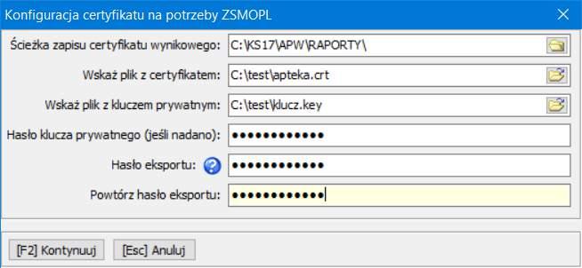 wynikowego opcja uzupełniona automatycznie przez program, Wskaż plik z certyfikatem należy wskazać plik z certyfikatem otrzymanym z CSIOZ, Wskaż plik z kluczem prywatnym należy wskazać plik z kluczem