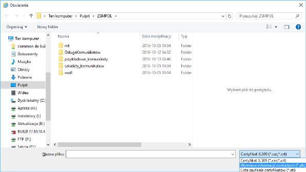 Obsługa komunikacji z Zintegrowanym Systemem Monitorowania Produktami Leczniczymi w Po wybraniu przycisku PRZEGLĄDAJ wybieramy plik z certyfikatem (typ pliku ustawiamy na: Wymiana informacji