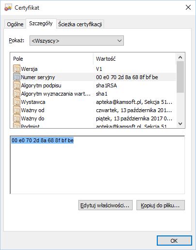 Obsługa komunikacji z Zintegrowanym Systemem Monitorowania Produktami Leczniczymi w Rys. 14 Certyfikat Szczegóły Numer seryjny jest niezbędny do uzupełnienia w module APW41 ADMINISTRATOR (opcja APW68.