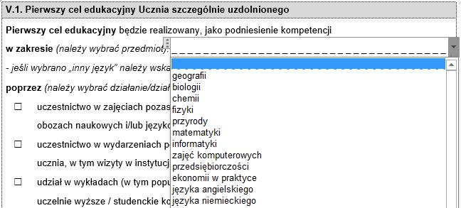 W przypadku wypełniania komputerowo należy wybrać przedmiot z listy rozwijanej.