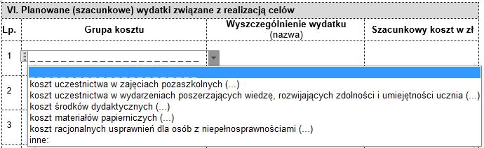odznaczyć inne koszty oraz w wierszach poniżej wypisać koszty, które ma zamiar ponieść w związku z realizacją celu edukacyjnego.