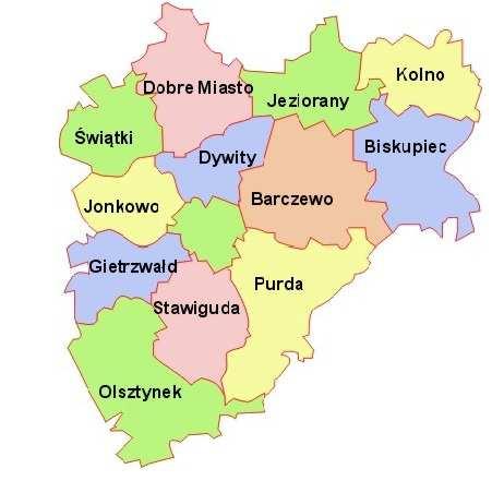 Źródło: opracowanie własne Gmina Olsztynek graniczy z ośmioma gminami województwa, którymi są: Stawiguda, Purda, Jedwabno, Nidzica, Kozłowo, Grunwald, Ostróda i Gietrzwałd.