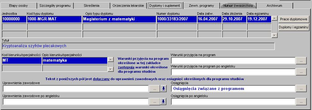 Rys. 27 Osiągnięcia związane z programem studiów 3. Informacja o odbytych praktykach zawodowych, generowana na podstawie tabel modułu Praktyki.