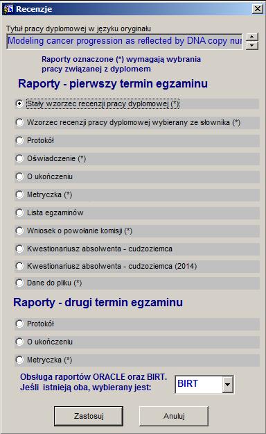 Raporty Niektóre raporty dostępne z formularza związane są z jedną pracą dyplomową. Jeśli z dyplomem związano kilka prac dyplomowym, należy wybrać właściwą pracę z listy (Rys. 36). Rys.